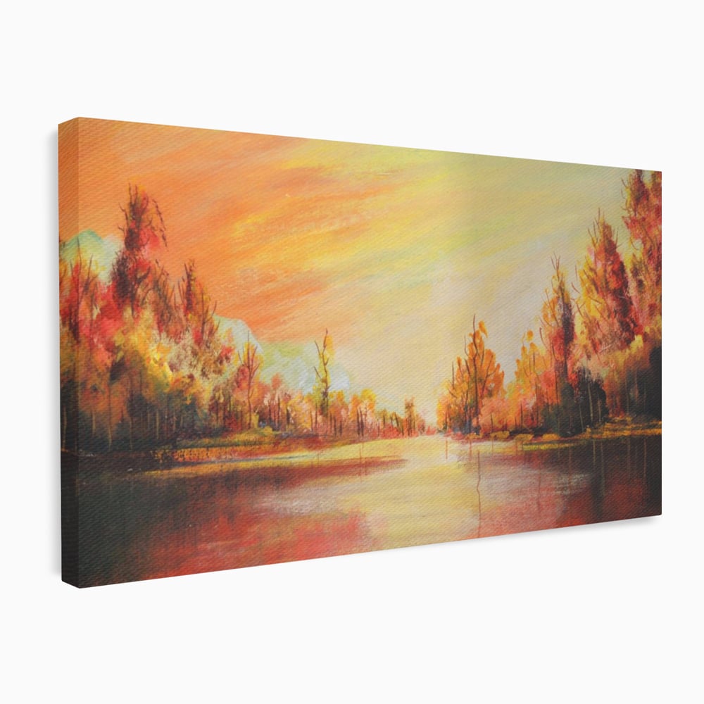 Tablou canvas cu pictura cu peisaj de toamna si lac, fara rama, pe sasiu de lemn